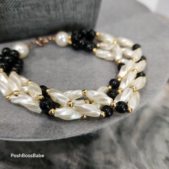 Vintage 5-Strand Faux Pearl & Black Bead Necklace Bracelet Set 20"/9" Gold Tone - Picture 5 of 6